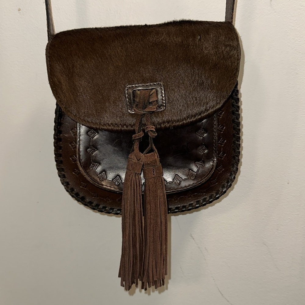 Patricia Nash leather saddle shoulder bag with cowhide fur approx 9”x9”